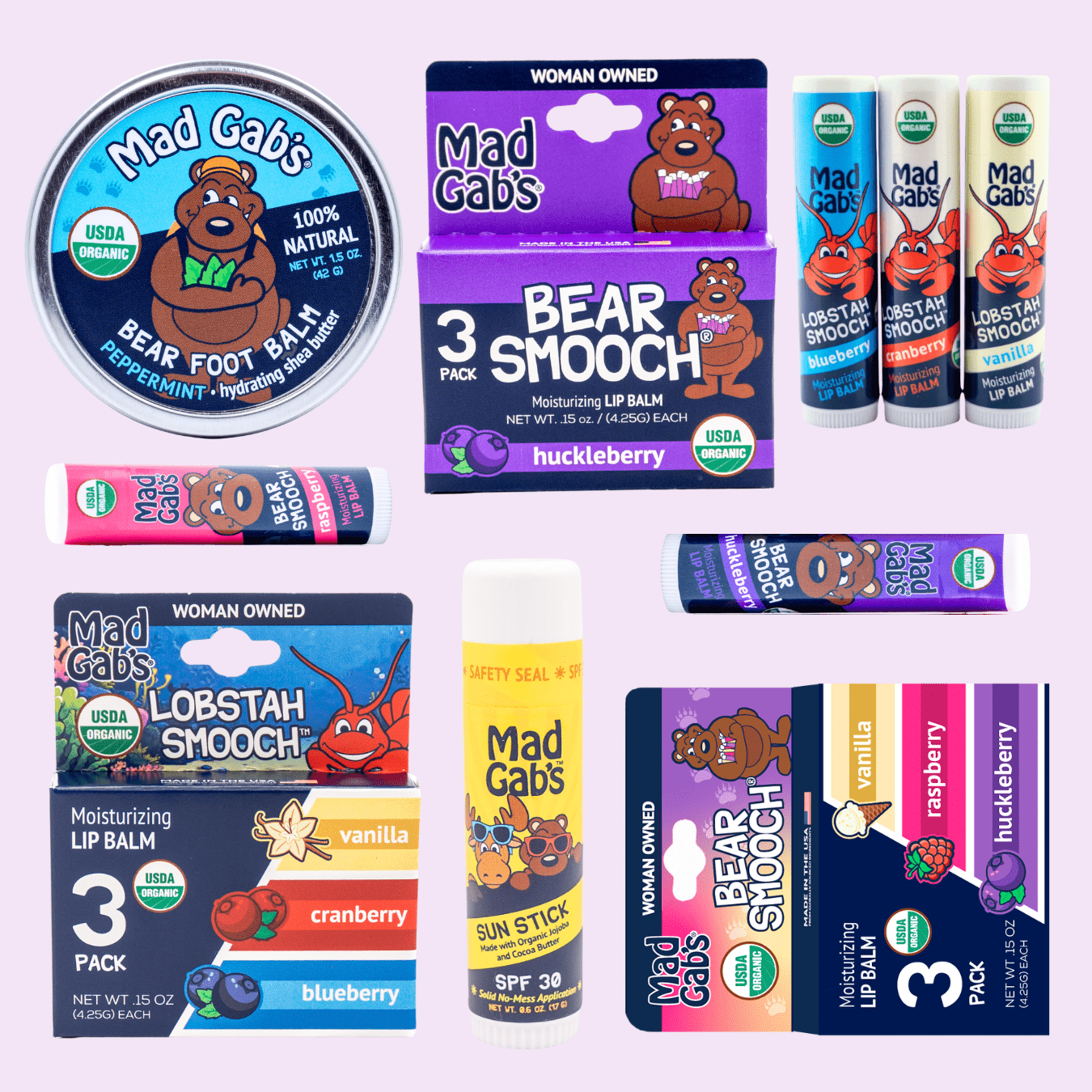 Mad Gab's Bear and Lobstah collection of products on a lavender background