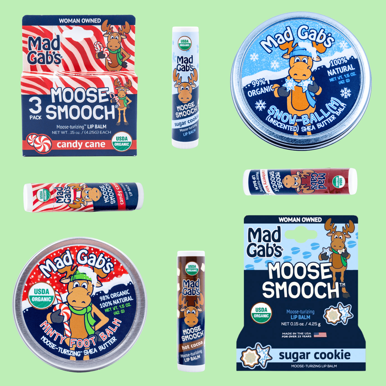 Mad Gab's festive holiday skin products on a green background