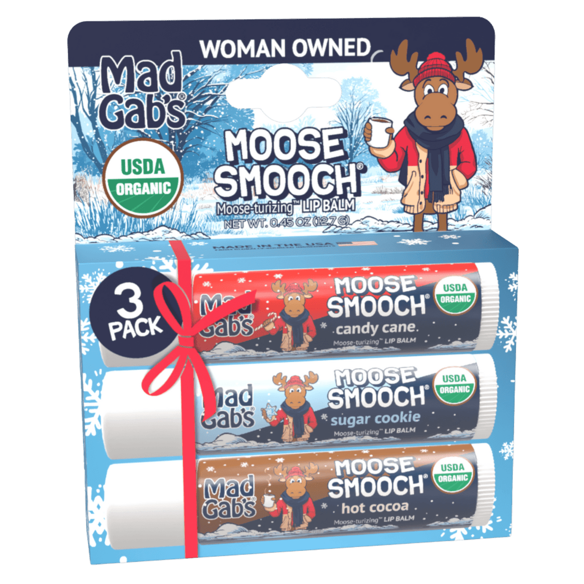 Holiday Lip Balm 3-Pack – Candy Cane, Sugar Cookie & Hot Cocoa Moose Smooch