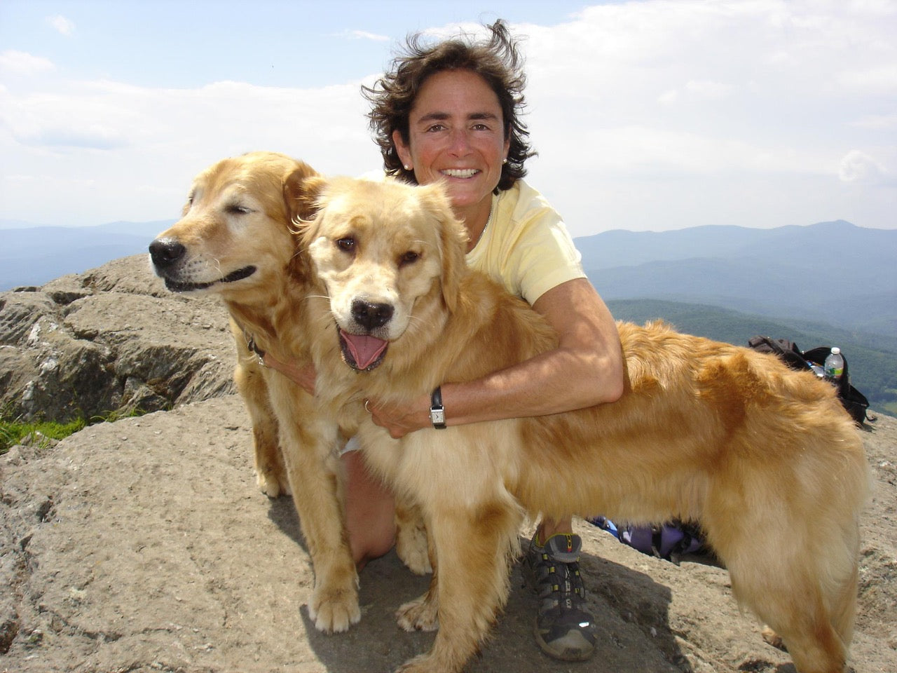 Woman with 2 Golden Retrievers on  a mountaintop