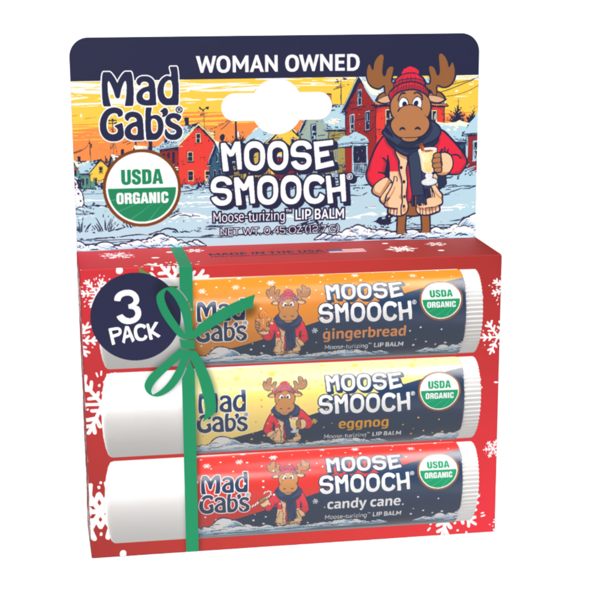 3pk Moose Smooch Holiday Lip Balm Assorted Pack-Candy Cane, Gingerbread, Eggnog