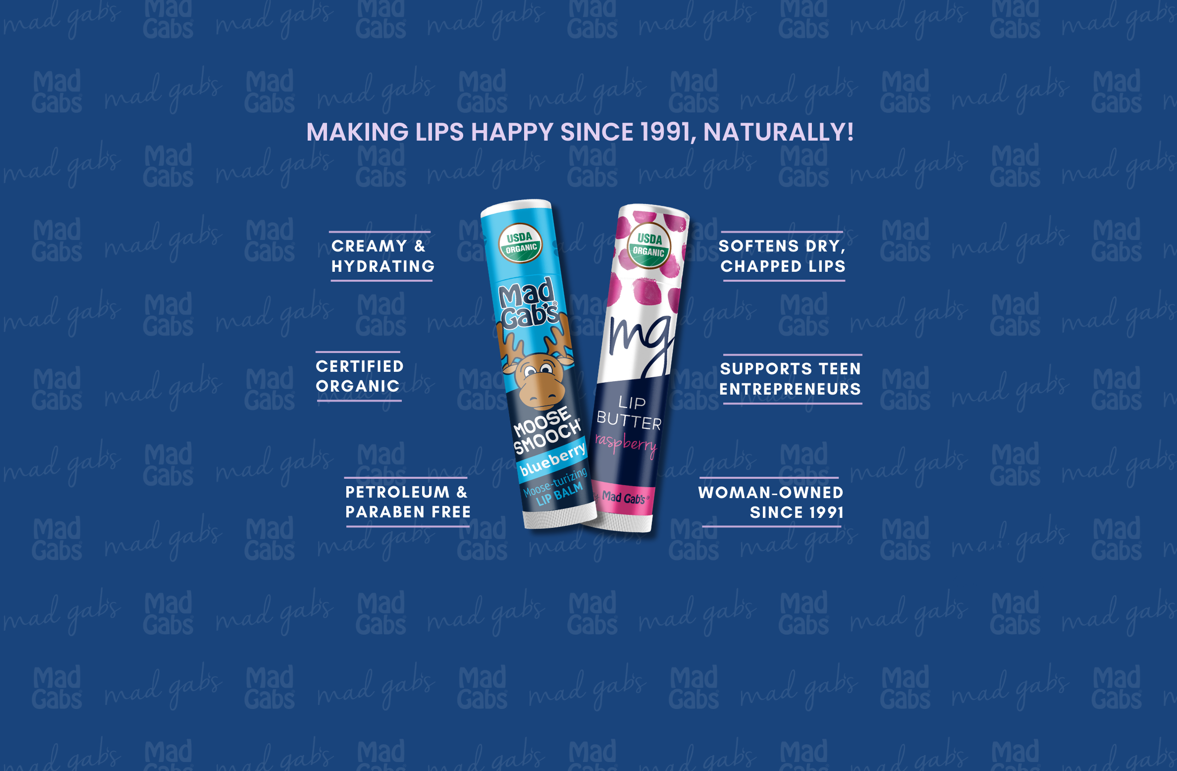 Two lip balm products on a blue background with text about their features.
