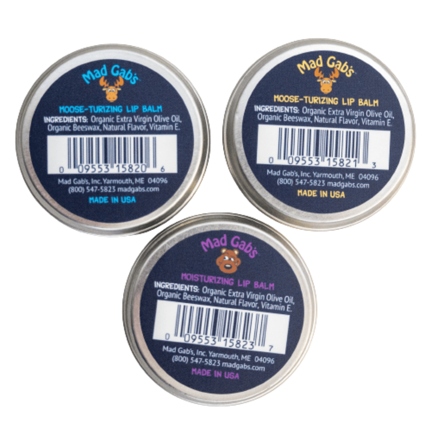 The back view of our Mad Gab's Vanilla, Blueberry and Huckleberry lip tins. Made with organic Extra Virgin Olive Oil, Organic Beeswax, Natural Flavor and Vitamin E